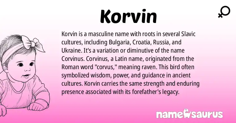 Infographic about Korvin name meaning, Korvin is a name from Bulgarian, Croatian, Russian, Ukrainian origin(s).
