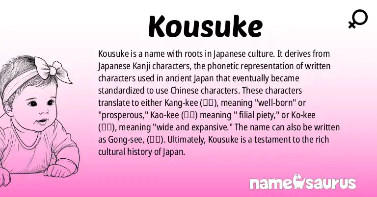 Infographic about Kousuke name meaning, Kousuke is a name from Japanese origin(s).