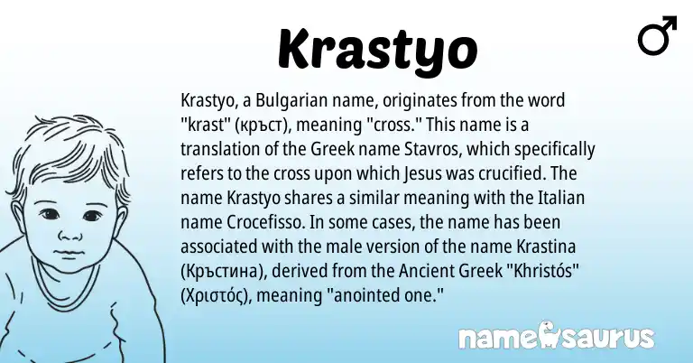 Infographic about Krastyo name meaning, Krastyo is a name from Bulgarian, Ancient Greek, Italian, Greek origin(s).