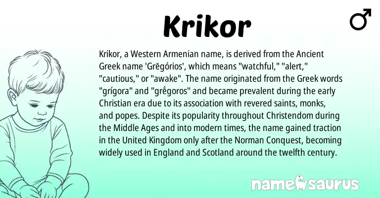 Infographic about Krikor name meaning, Krikor is a name from Ancient Greek, Armenian, England, United Kingdom, Greek, Norman origin(s).