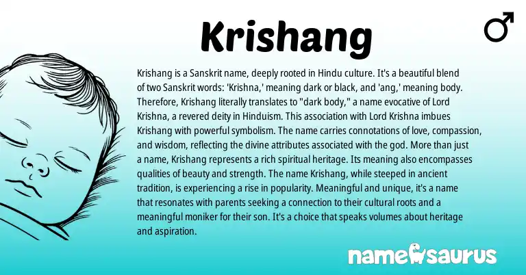 Infographic about Krishang name meaning, Krishang is a name from Indian, Sanskrit, Hindu, Hindi origin(s).