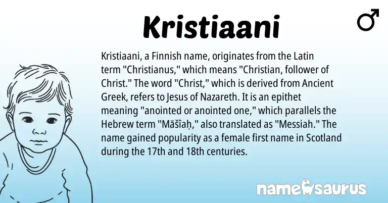 Infographic about Kristiaani name meaning, Kristiaani is a name from Finnish, Latin, Hebrew, Ancient Greek origin(s).