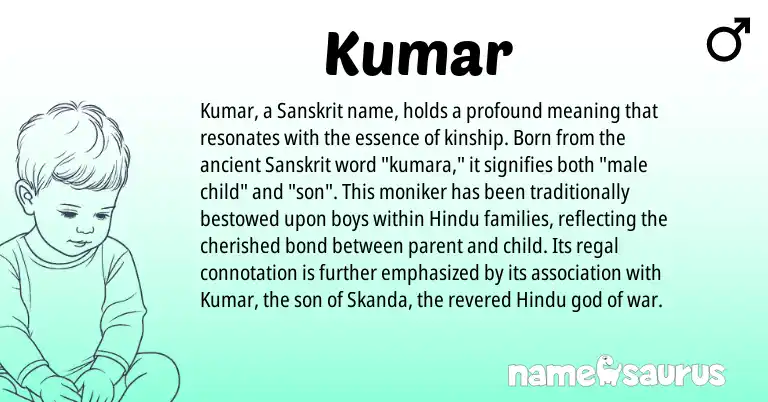 Infographic about Kumar name meaning, Kumar is a name from Sanskrit, Hindu origin(s).