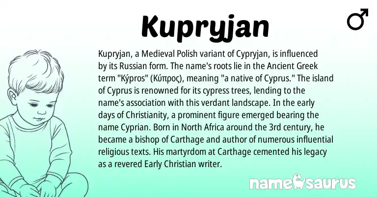 Infographic about Kupryjan name meaning, Kupryjan is a name from Ancient Greek, Christianity, North Africa, Cyprus, Russian, Medieval Polish origin(s).