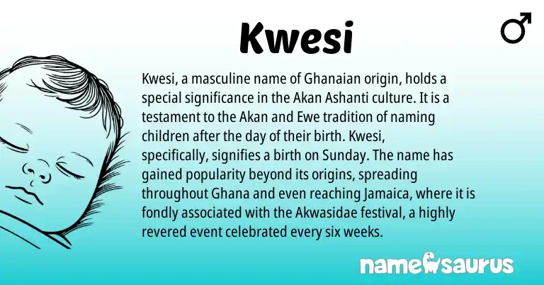 Infographic about Kwesi name meaning, Kwesi is a name from Ghanaian, Ewe, Ashanti, Akan, Ghana origin(s).