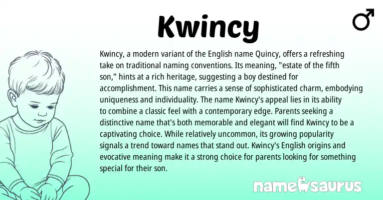 Infographic about Kwincy name meaning, Kwincy is a name from English origin(s).