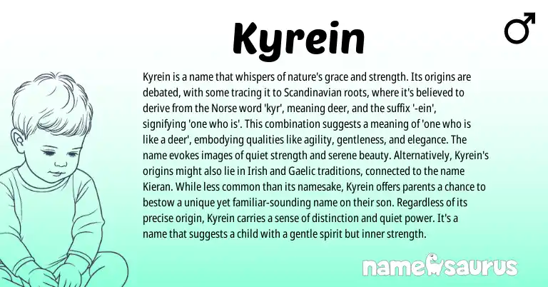 Infographic about Kyrein name meaning, Kyrein is a name from Scandinavian, English, Norse origin(s).