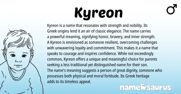 Infographic about Kyreon name meaning, Kyreon is a name from Greek origin(s).