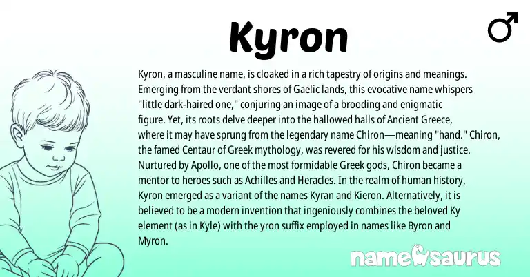 Infographic about Kyron name meaning, Kyron is a name from Gaelic, Greek, Greece origin(s).