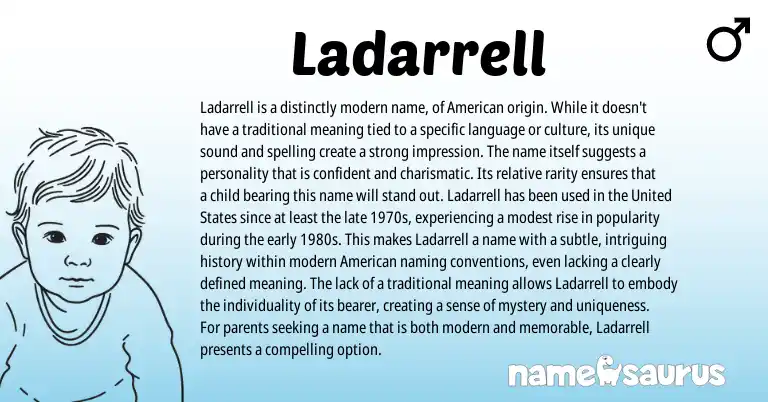 Infographic about Ladarrell name meaning, Ladarrell is a name from American origin(s).