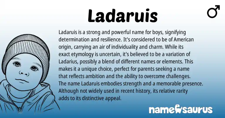 Infographic about Ladaruis name meaning, Ladaruis is a name from American origin(s).