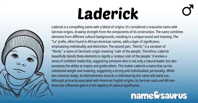 Infographic about Laderick name meaning, Laderick is a name from Germanic, American origin(s).