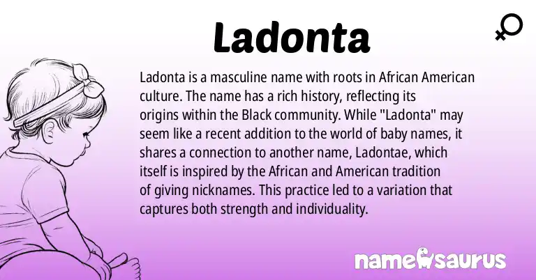 Infographic about Ladonta name meaning, Ladonta is a name from African American origin(s).