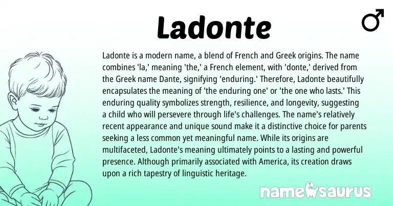 Infographic about Ladonte name meaning, Ladonte is a name from Greek, French origin(s).