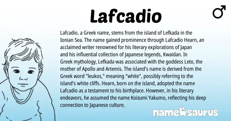 Infographic about Lafcadio name meaning, Lafcadio is a name from Japanese, Greek origin(s).