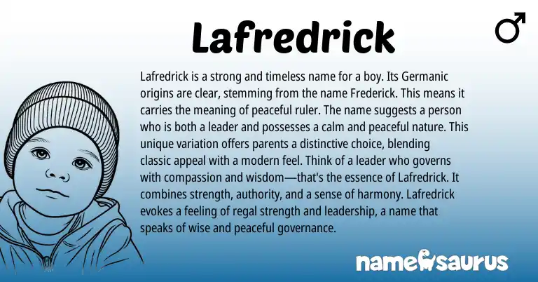Infographic about Lafredrick name meaning, Lafredrick is a name from Germanic, English origin(s).
