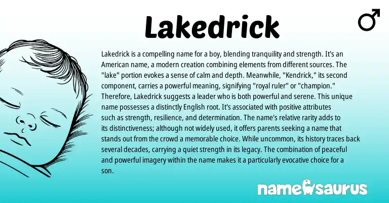 Infographic about Lakedrick name meaning, Lakedrick is a name from American origin(s).