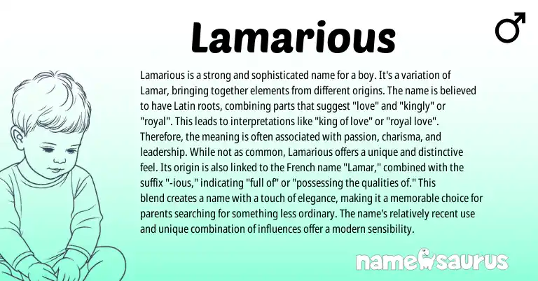Infographic about Lamarious name meaning, Lamarious is a name from Latin, American origin(s).