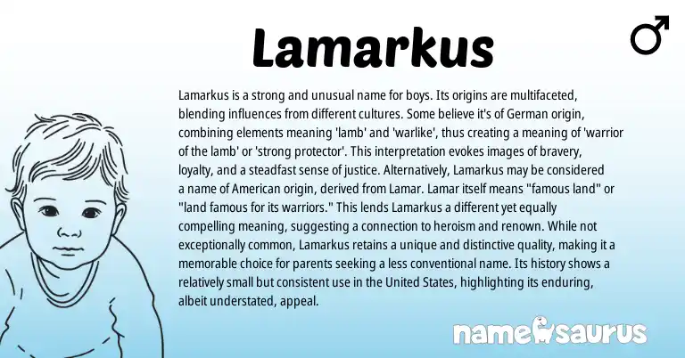 Infographic about Lamarkus name meaning, Lamarkus is a name from Germanic origin(s).