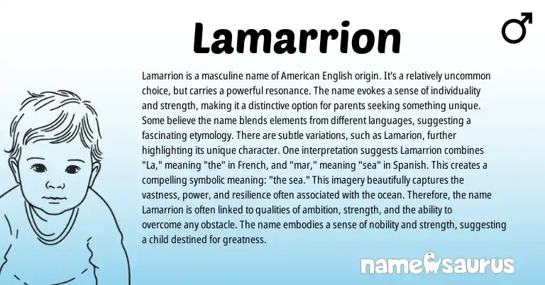 Infographic about Lamarrion name meaning, Lamarrion is a name from French, Spanish origin(s).