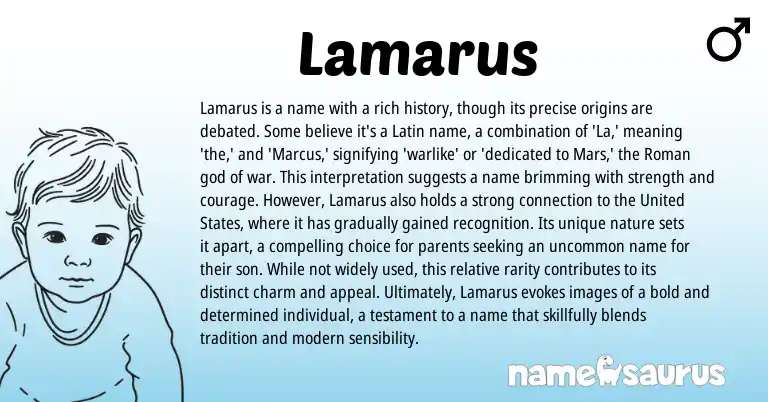 Infographic about Lamarus name meaning, Lamarus is a name from Latin, Roman, American origin(s).
