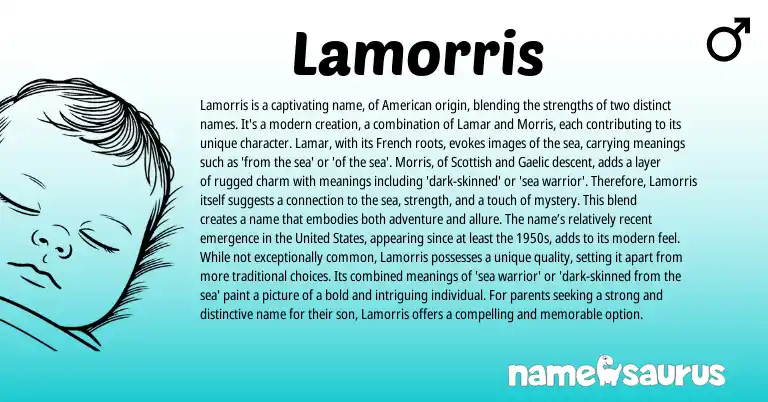 Infographic about Lamorris name meaning, Lamorris is a name from French, Scottish, Gaelic, American origin(s).