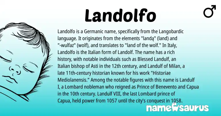 Infographic about Landolfo name meaning, Landolfo is a name from Germanic, Lombard, Italian origin(s).