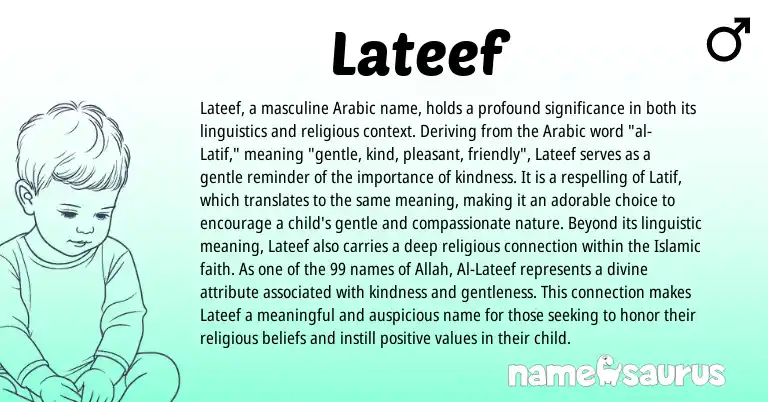 Infographic about Lateef name meaning, Lateef is a name from Arabic origin(s).
