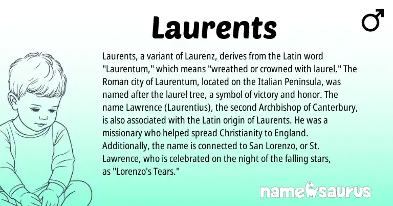 Infographic about Laurents name meaning, Laurents is a name from Christianity, England, Roman, Latin, Italian origin(s).