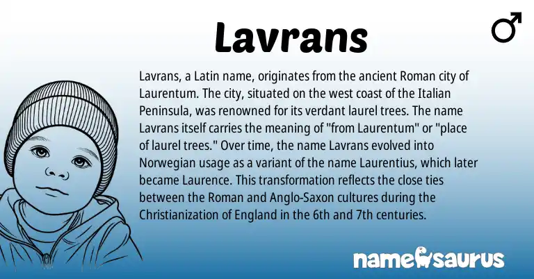 Infographic about Lavrans name meaning, Lavrans is a name from Anglo-Saxon, England, Norwegian, Roman, Latin, Italian origin(s).