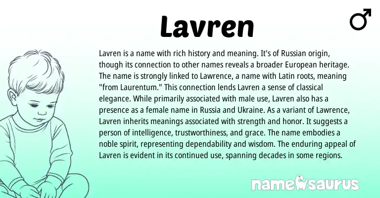 Infographic about Lavren name meaning, Lavren is a name from Latin, Russian origin(s).