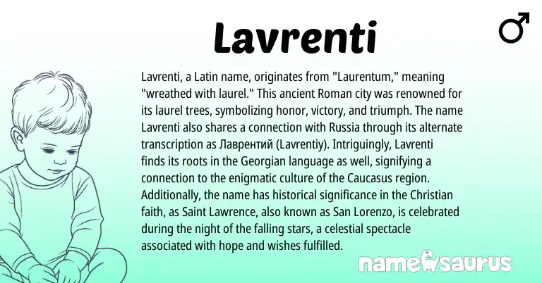 Infographic about Lavrenti name meaning, Lavrenti is a name from Roman, Georgian, Latin origin(s).