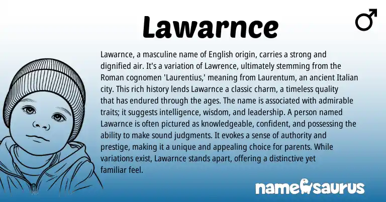 Infographic about Lawarnce name meaning, Lawarnce is a name from English, Roman origin(s).