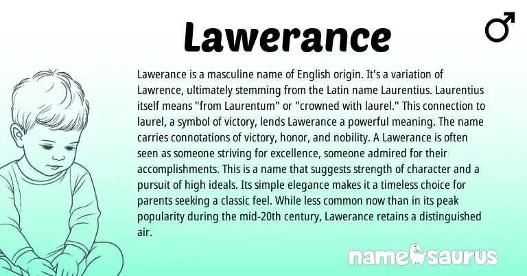 Infographic about Lawerance name meaning, Lawerance is a name from Latin, English origin(s).