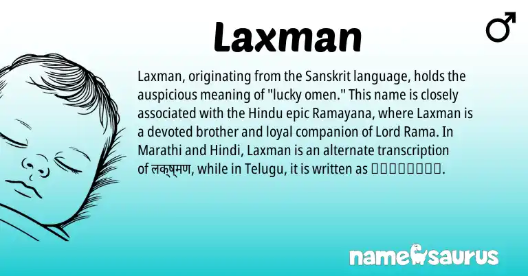 Infographic about Laxman name meaning, Laxman is a name from Telugu, Hindi, Hindu, Sanskrit, Marathi origin(s).