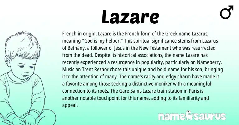 Infographic about Lazare name meaning, Lazare is a name from French, Greek origin(s).