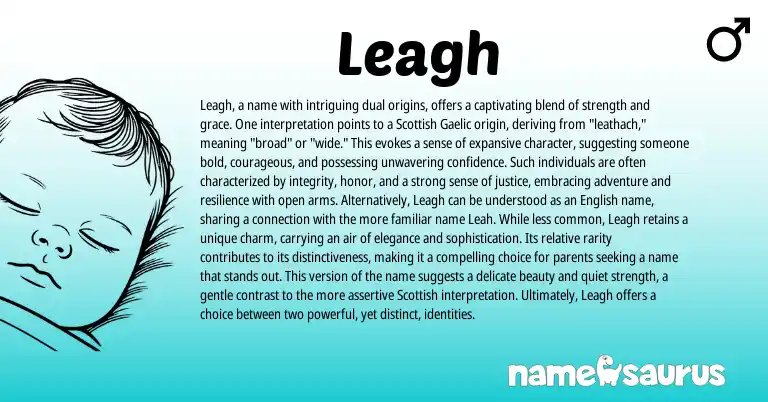 Infographic about Leagh name meaning, Leagh is a name from Scottish, Gaelic origin(s).