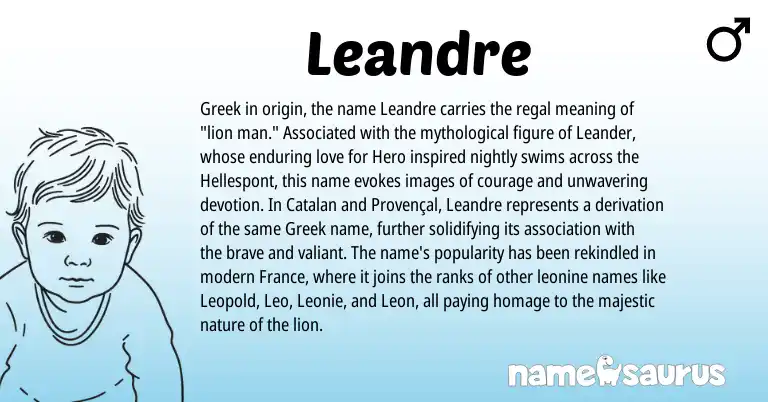 Infographic about Leandre name meaning, Leandre is a name from Provençal, Catalan, Greek origin(s).