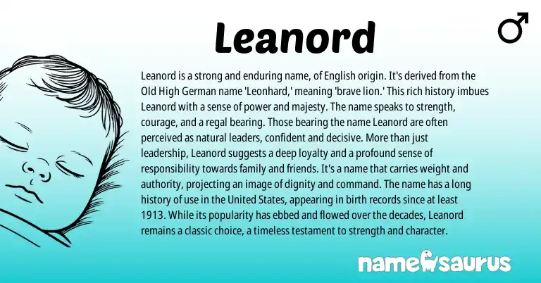 Infographic about Leanord name meaning, Leanord is a name from Germanic, English origin(s).