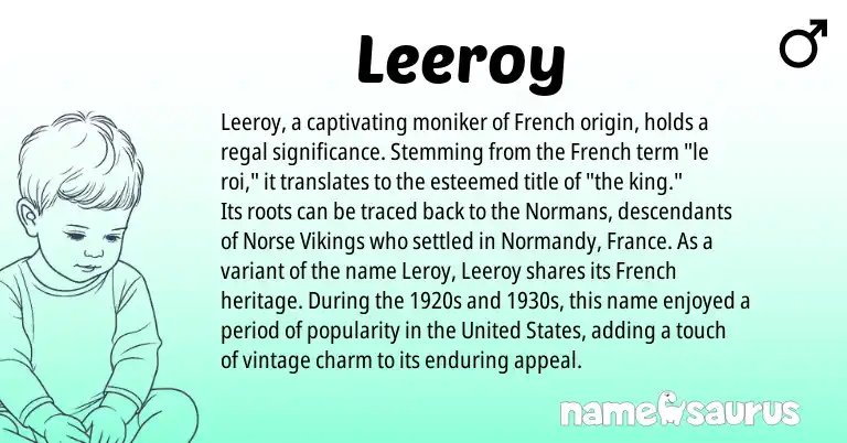 Infographic about Leeroy name meaning, Leeroy is a name from French, United States, Norse origin(s).