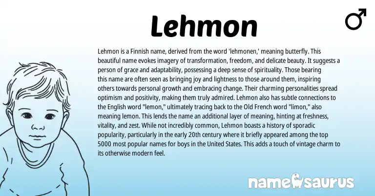 Infographic about Lehmon name meaning, Lehmon is a name from Finnish origin(s).