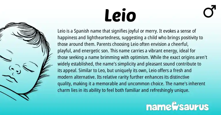 Infographic about Leio name meaning, Leio is a name from Spanish origin(s).