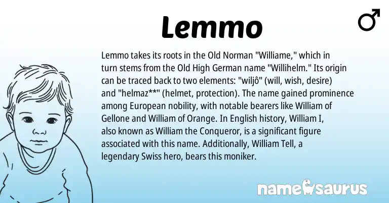 Infographic about Lemmo name meaning, Lemmo is a name from Swiss, Old High German, English, European, Old Norman origin(s).