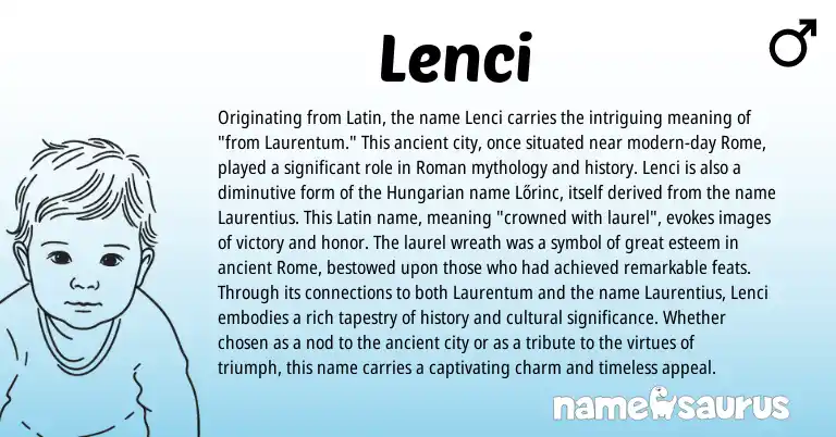 Infographic about Lenci name meaning, Lenci is a name from Roman, Hungarian, Latin origin(s).