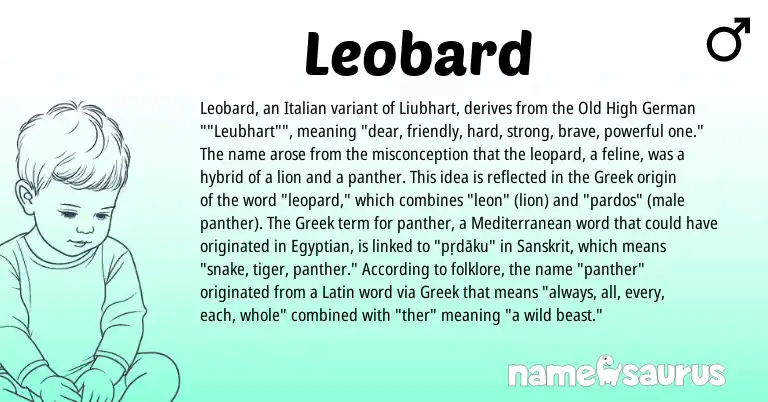Infographic about Leobard name meaning, Leobard is a name from Old High German, Latin, Greek, Egyptian, Sanskrit, Italian origin(s).