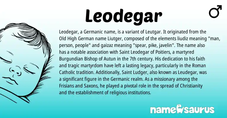 Infographic about Leodegar name meaning, Leodegar is a name from Old High German, Christianity, Roman, Germanic origin(s).