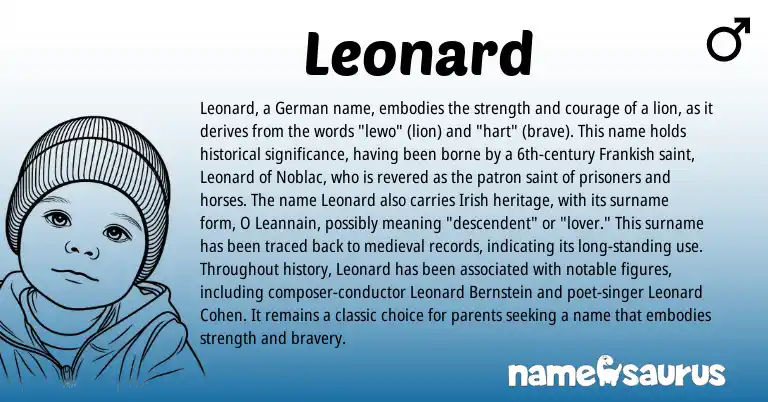 Infographic about Leonard name meaning, Leonard is a name from Irish, German, Frankish origin(s).