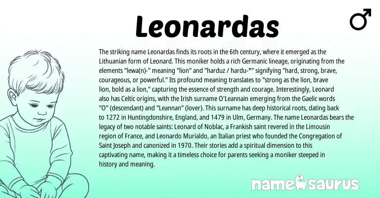 Infographic about Leonardas name meaning, Leonardas is a name from Irish, Lithuanian, Frankish, England, Gaelic, Germanic, Celtic, Italian origin(s).