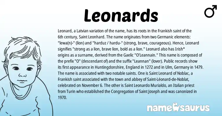 Infographic about Leonards name meaning, Leonards is a name from Irish, Frankish, England, Gaelic, Germanic, Latvian, Italian origin(s).