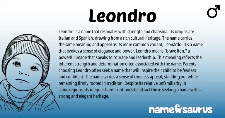 Infographic about Leondro name meaning, Leondro is a name from Italian, Spanish origin(s).